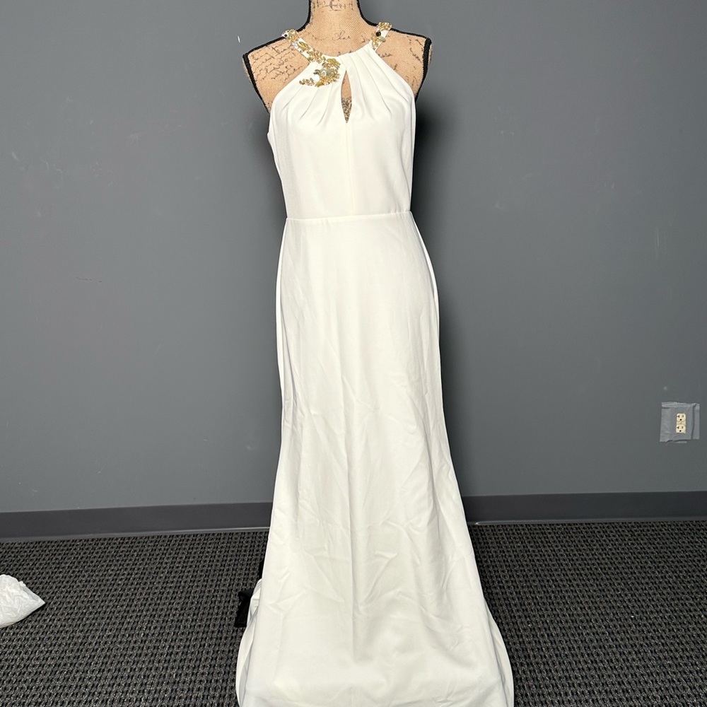 Marchesa Notte EMBELLISHED NECK HALTER GOWN 6 Ivory NWT